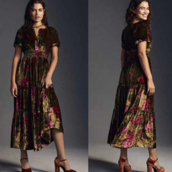Anthropologie The Somerset Maxi Dress: Velvet Edition / GREEN MOTIF NWT - Picture 3 of 14